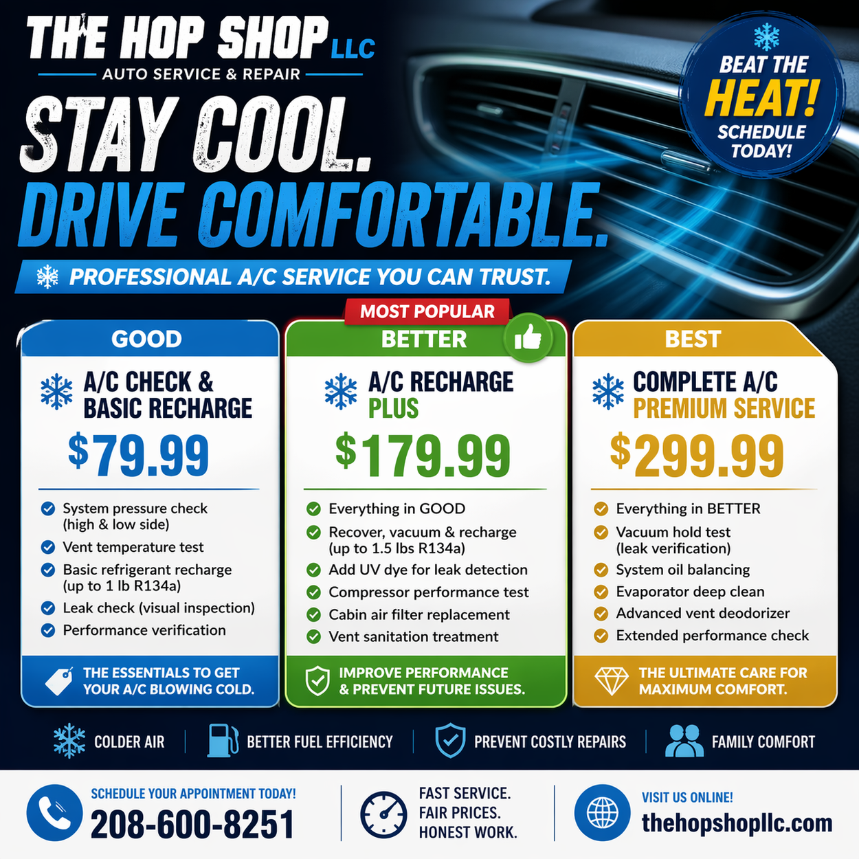 Car AC recharge Boise mobile mechanic service pricing The Hop Shop