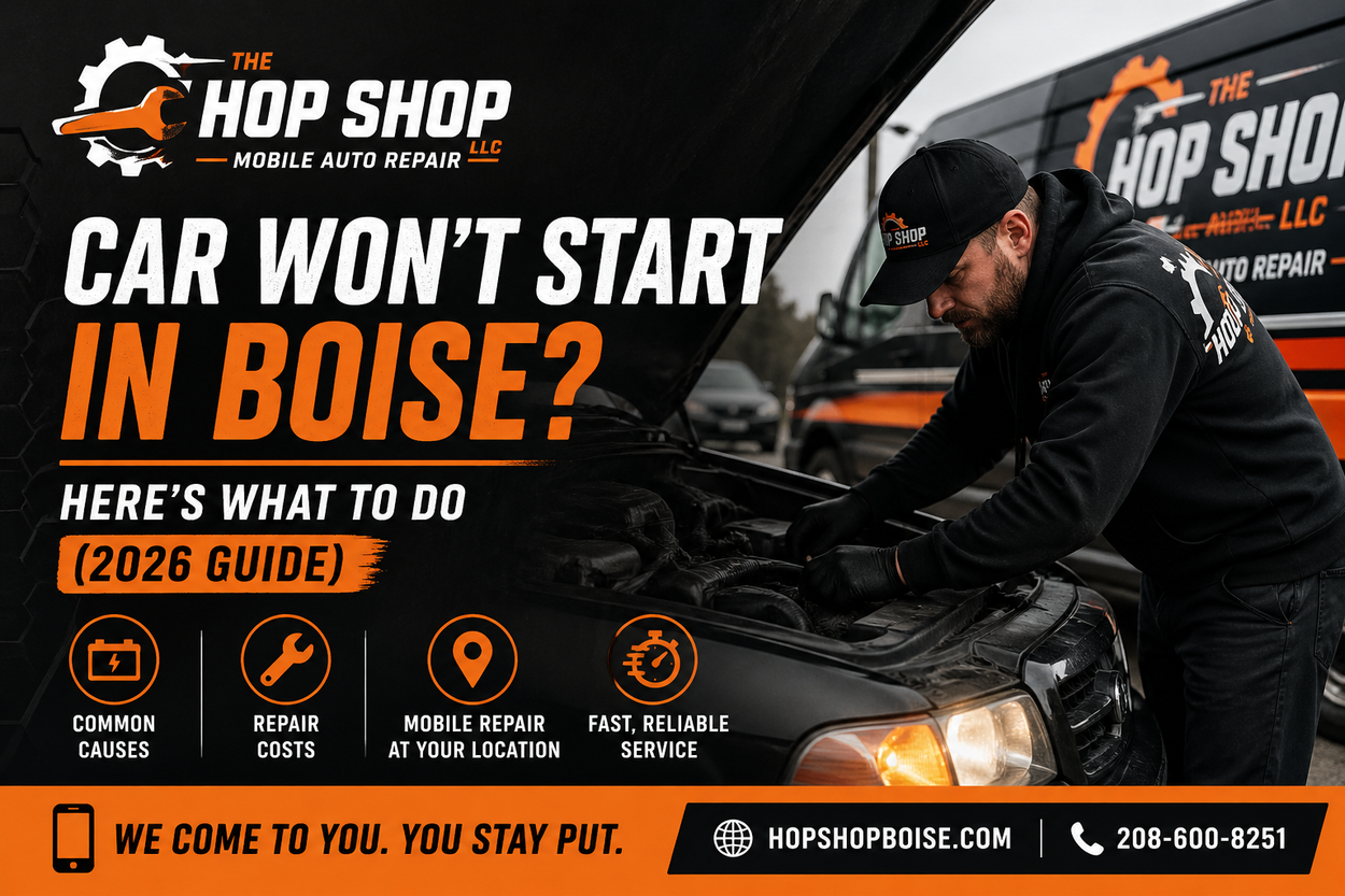 Mobile mechanic in Boise repairing a car that won’t start, with Hop Shop LLC branding and text highlighting common causes, repair costs, and fast on-site service in Boise, Idaho.