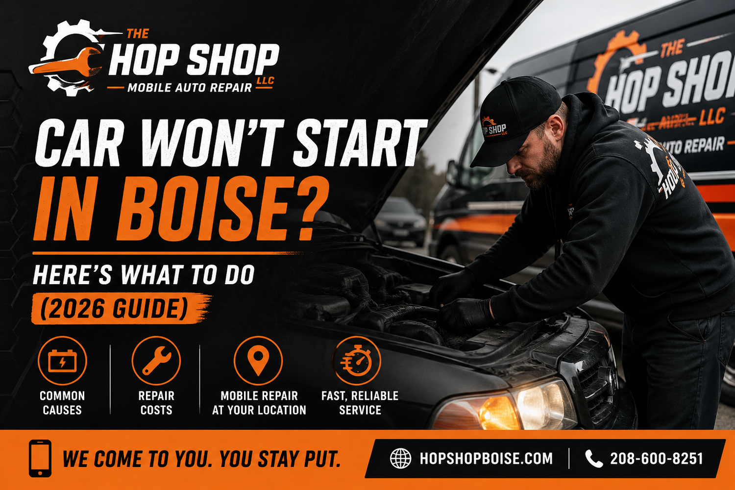 Mobile mechanic in Boise repairing a car that won’t start, with Hop Shop LLC branding and text highlighting common causes, repair costs, and fast on-site service in Boise, Idaho.